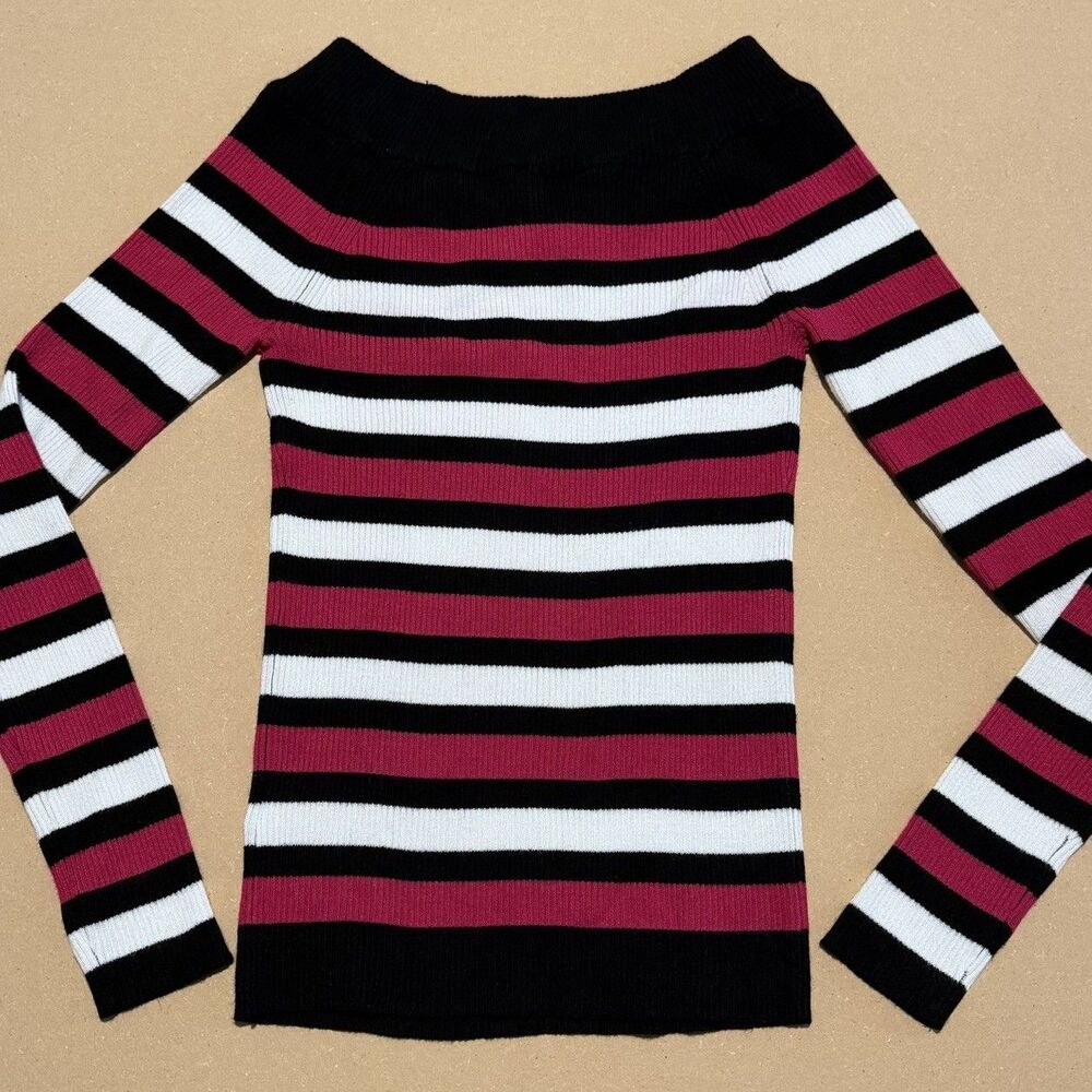 The Slope Brooklyn NY Prep Y2K Striped Fitted Ribbed Scoop Neck Sweater M Pink